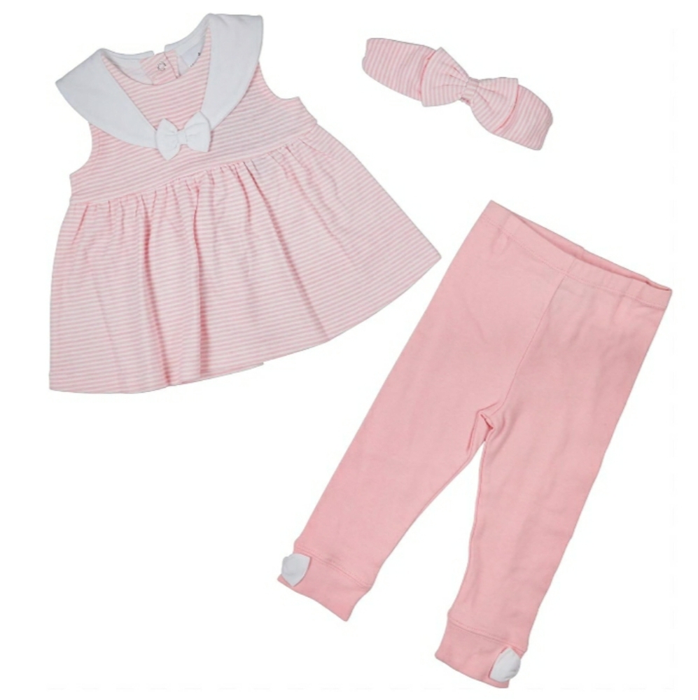 Laura Ashley Girl 6-9 Month Pink Stripe & White Bow 3 Piece Top Bottom & BowSet